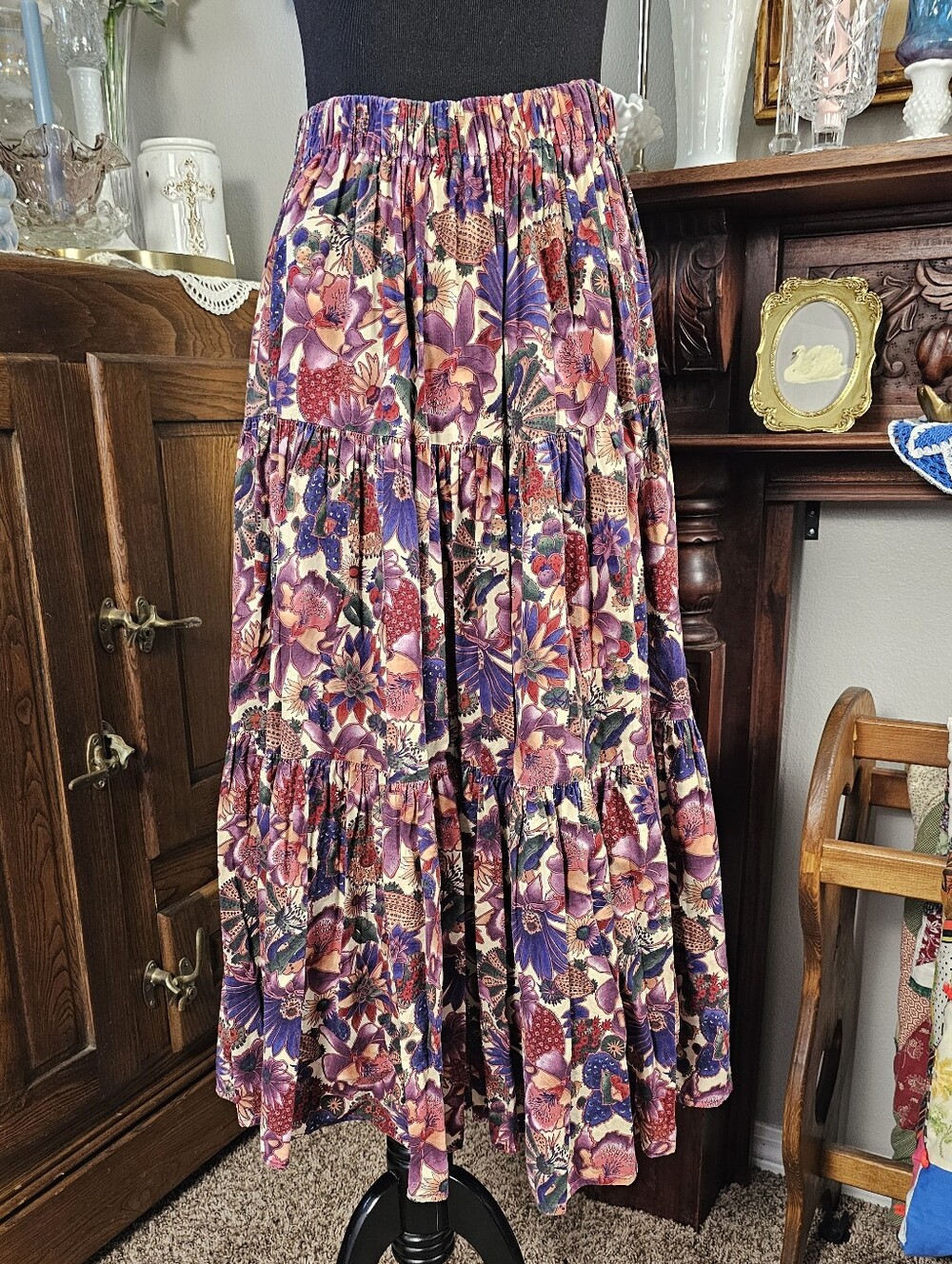 Vintage Sedona Stitchery Tiered Folk Skirt Cotton Prairie Boho Whimsigoth One Si